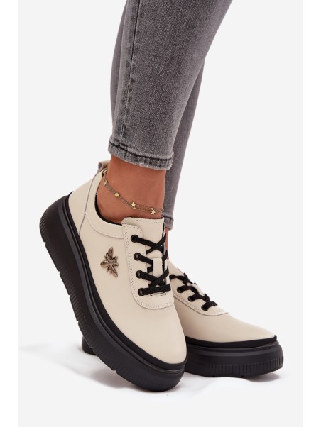 Leather Women's Platform Shoes with Buckle Vinceza 41495 Beige