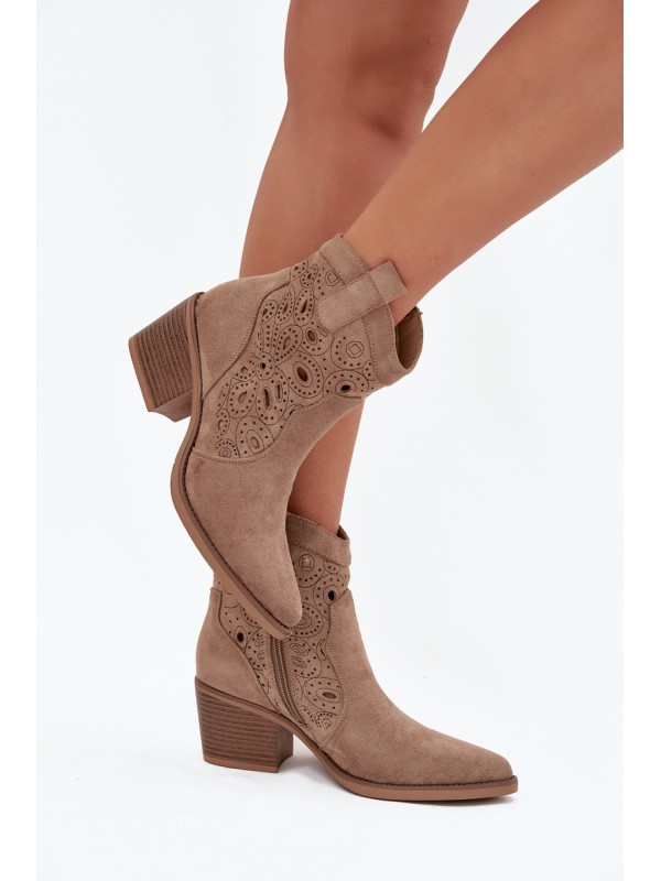 Women's Cowboy Boots with Openwork Pattern Beige Nolvina