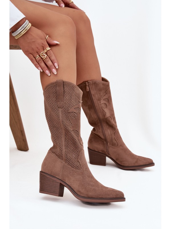 Openwork Cowboy Boots Women's Heeled Dark Beige Olivette
