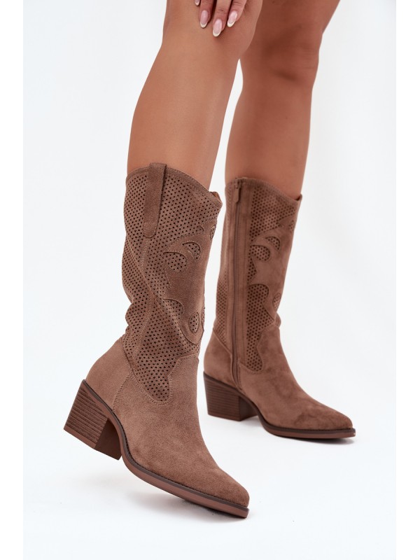 Openwork Cowboy Boots Women's Heeled Dark Beige Olivette