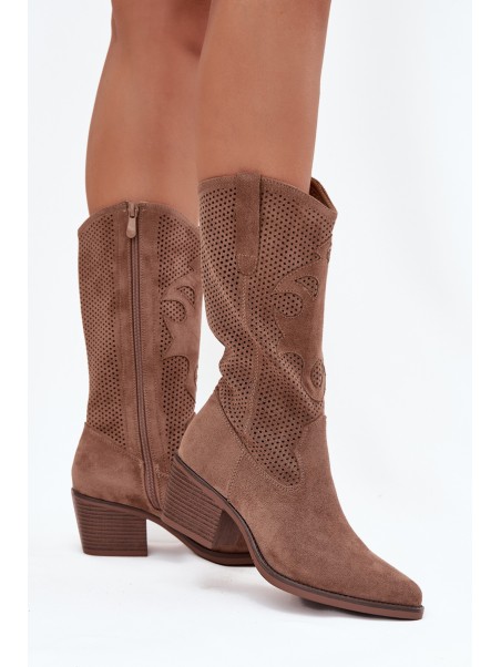 Openwork Cowboy Boots Women's Heeled Dark Beige Olivette