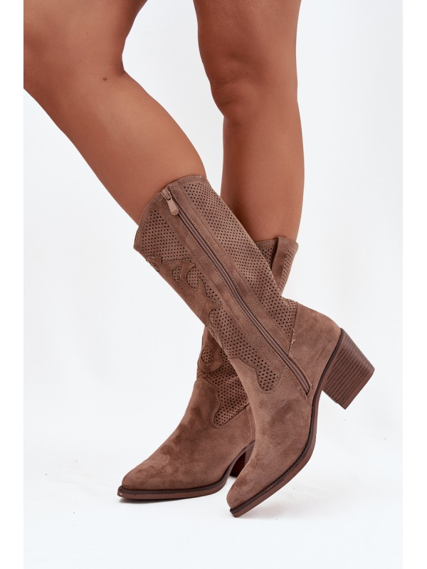 Openwork Cowboy Boots Women's Heeled Dark Beige Olivette