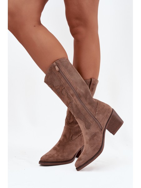Openwork Cowboy Boots Women's Heeled Dark Beige Olivette