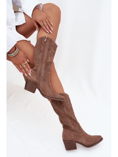 Openwork Cowboy Boots Women's Heeled Dark Beige Olivette