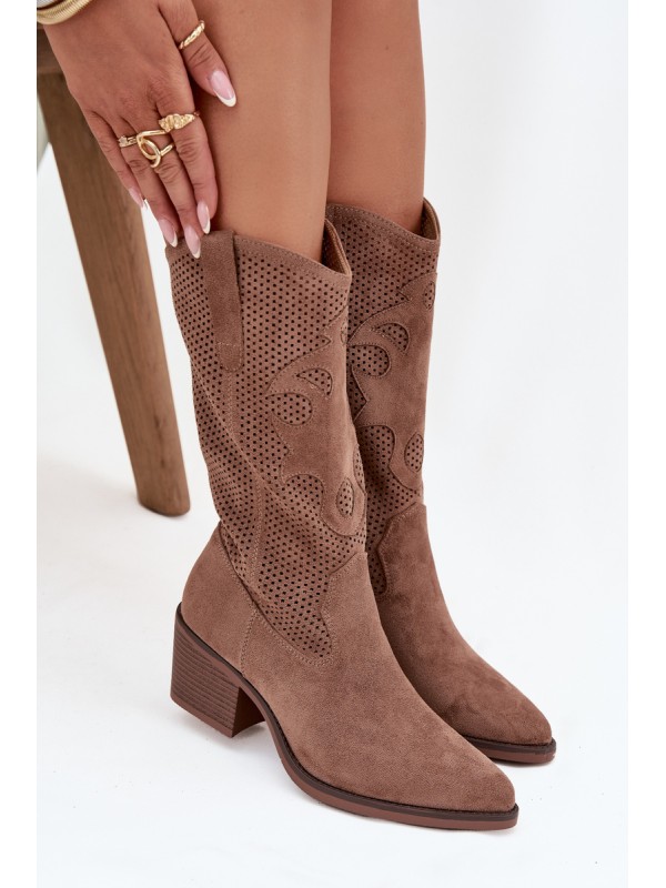 Openwork Cowboy Boots Women's Heeled Dark Beige Olivette