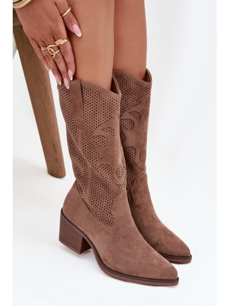 Openwork Cowboy Boots Women's Heeled Dark Beige Olivette