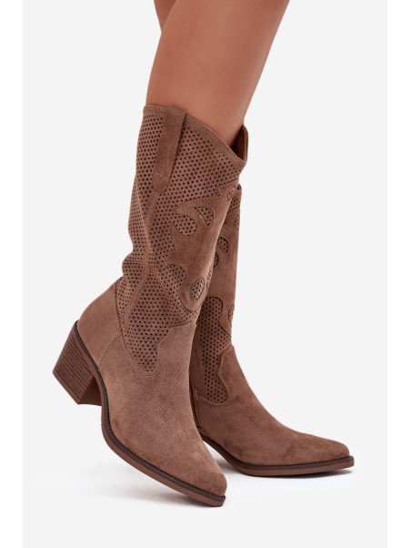 Openwork Cowboy Boots Women's Heeled Dark Beige Olivette