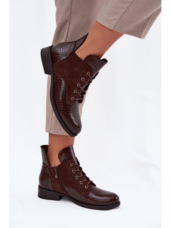 Patent Leather Women's Ankle Boots With Decorative Embossing Warm Vinceza 16477 Brown