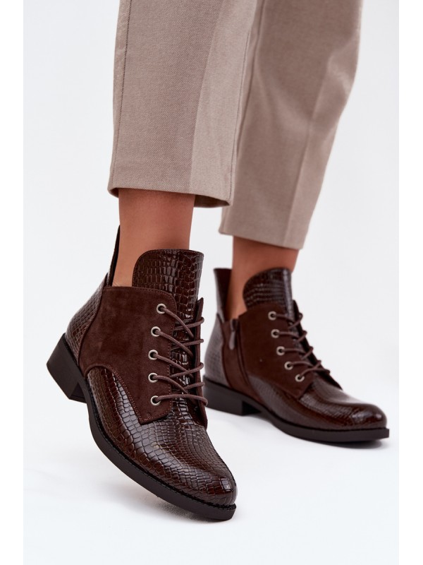 Patent Leather Women's Ankle Boots With Decorative Embossing Warm Vinceza 16477 Brown