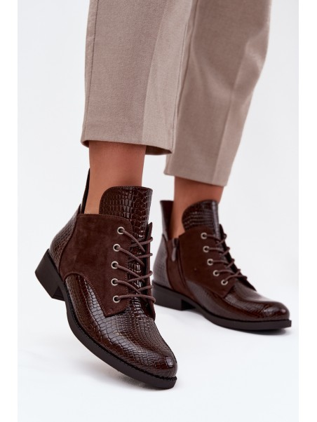 Patent Leather Women's Ankle Boots With Decorative Embossing Warm Vinceza 16477 Brown