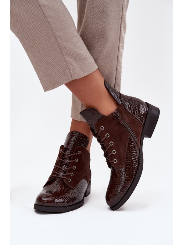 Patent Leather Women's Ankle Boots With Decorative Embossing Warm Vinceza 16477 Brown