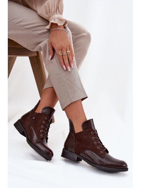 Patent Leather Women's Ankle Boots With Decorative Embossing Warm Vinceza 16477 Brown