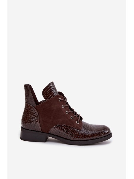 Patent Leather Women's Ankle Boots With Decorative Embossing Warm Vinceza 16477 Brown