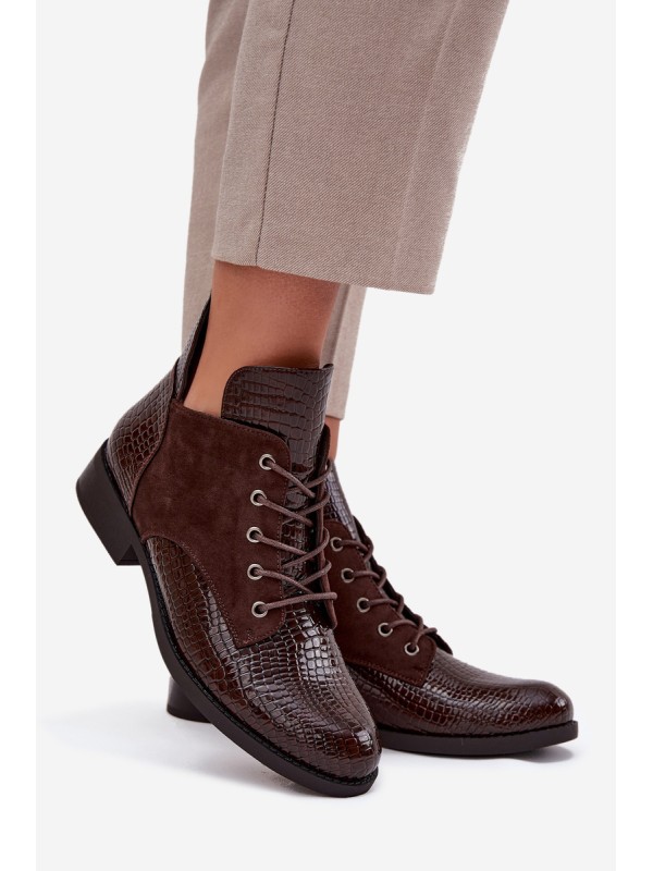 Patent Leather Women's Ankle Boots With Decorative Embossing Warm Vinceza 16477 Brown