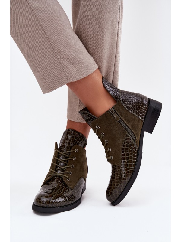 Patent Leather Women's Ankle Boots With Decorative Embossing Lined Vinceza 16477 Dark Green