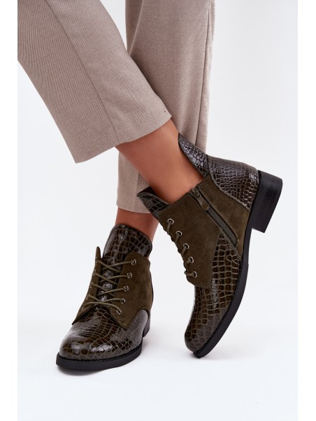 Patent Leather Women's Ankle Boots With Decorative Embossing Lined Vinceza 16477 Dark Green