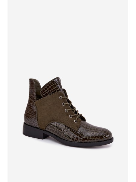 Patent Leather Women's Ankle Boots With Decorative Embossing Lined Vinceza 16477 Dark Green