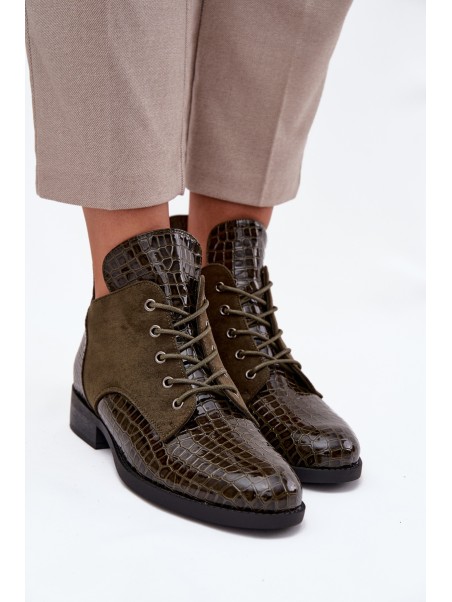 Patent Leather Women's Ankle Boots With Decorative Embossing Lined Vinceza 16477 Dark Green