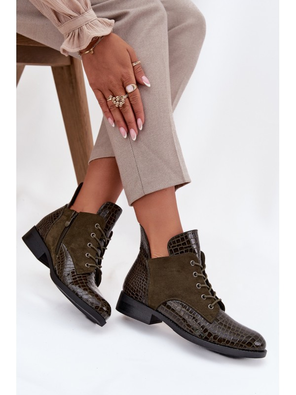 Patent Leather Women's Ankle Boots With Decorative Embossing Lined Vinceza 16477 Dark Green