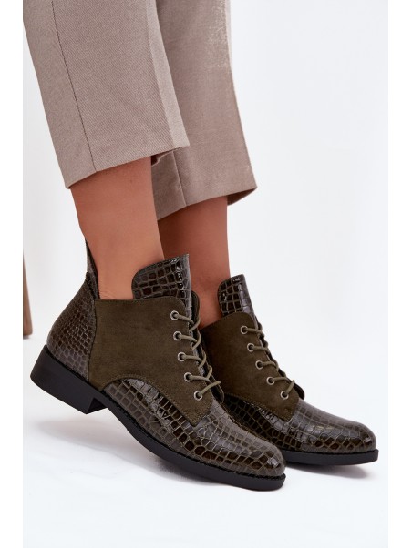 Patent Leather Women's Ankle Boots With Decorative Embossing Lined Vinceza 16477 Dark Green