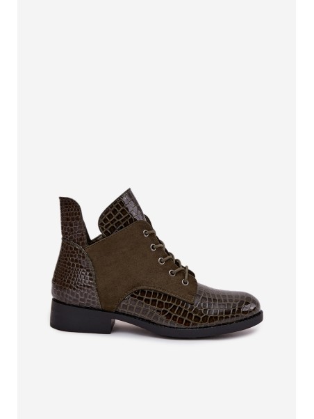 Patent Leather Women's Ankle Boots With Decorative Embossing Lined Vinceza 16477 Dark Green