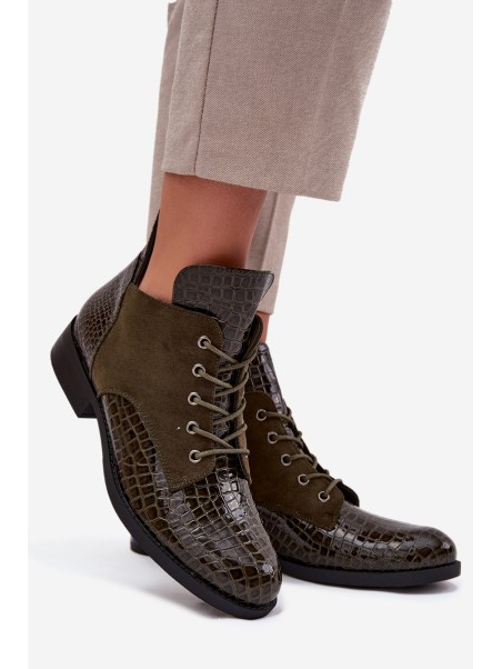Patent Leather Women's Ankle Boots With Decorative Embossing Lined Vinceza 16477 Dark Green