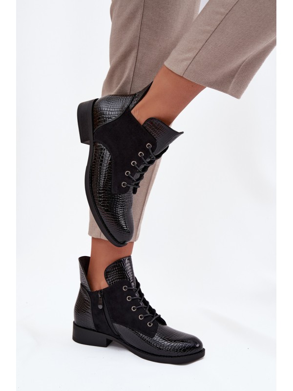 Patent Leather Women's Ankle Boots with Decorative Embossing Insulated Vinceza 16477 Black