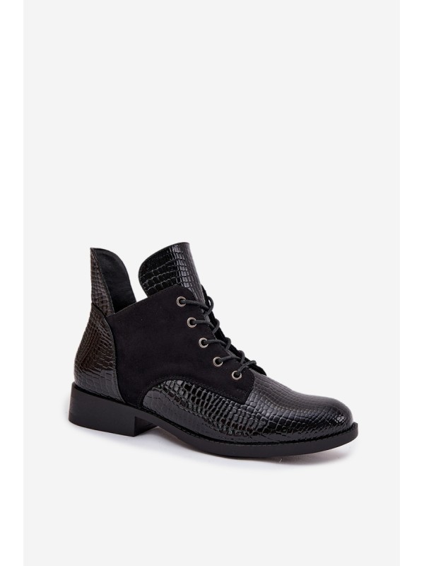 Patent Leather Women's Ankle Boots with Decorative Embossing Insulated Vinceza 16477 Black
