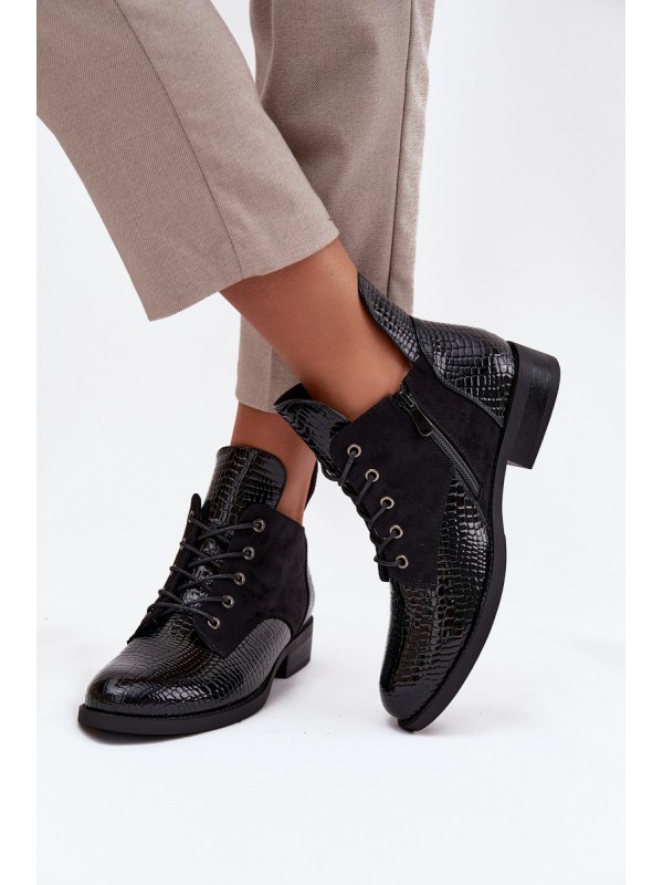 Patent Leather Women's Ankle Boots with Decorative Embossing Insulated Vinceza 16477 Black