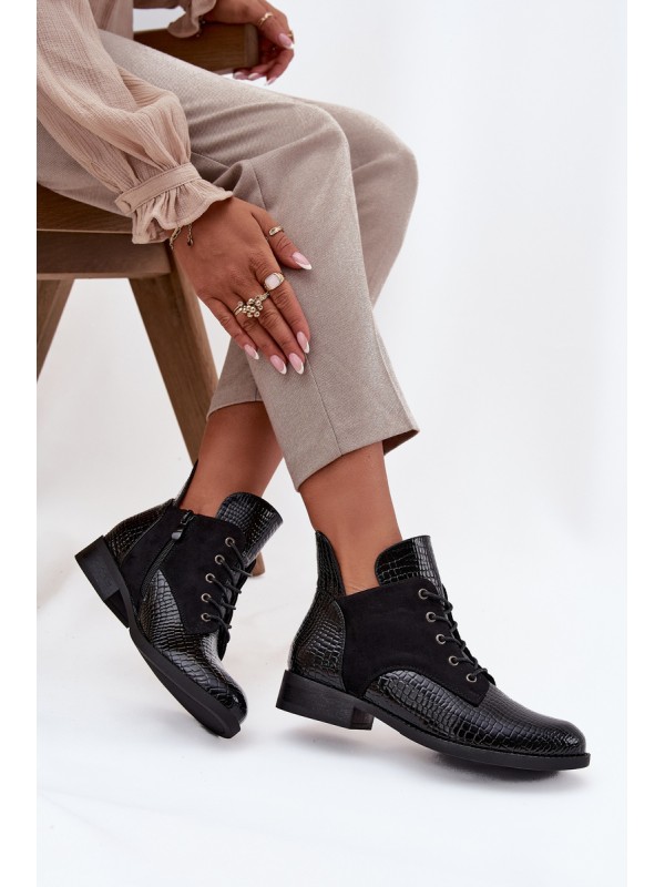 Patent Leather Women's Ankle Boots with Decorative Embossing Insulated Vinceza 16477 Black