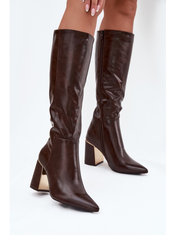 Women's High Heel Boots with Gold Element Chocolate Alessine