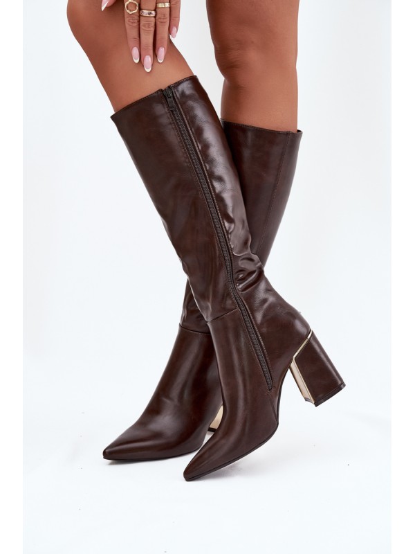 Women's High Heel Boots with Gold Element Chocolate Alessine