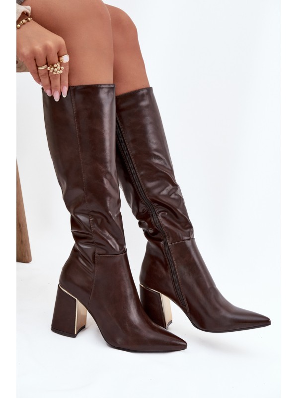 Women's High Heel Boots with Gold Element Chocolate Alessine