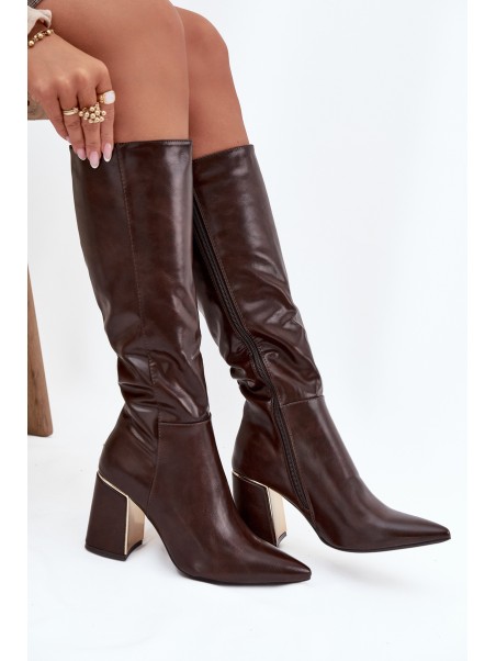 Women's High Heel Boots with Gold Element Chocolate Alessine