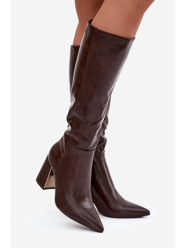 Women's High Heel Boots with Gold Element Chocolate Alessine