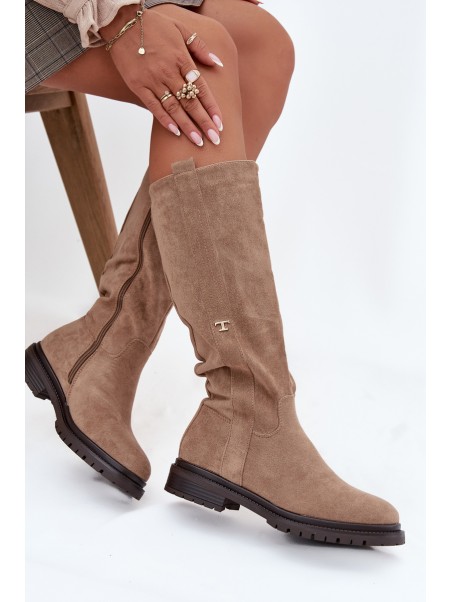 Women's insulated flat-heeled eco suede boots Dark beige Delyssa