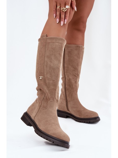 Women's insulated flat-heeled eco suede boots Dark beige Delyssa
