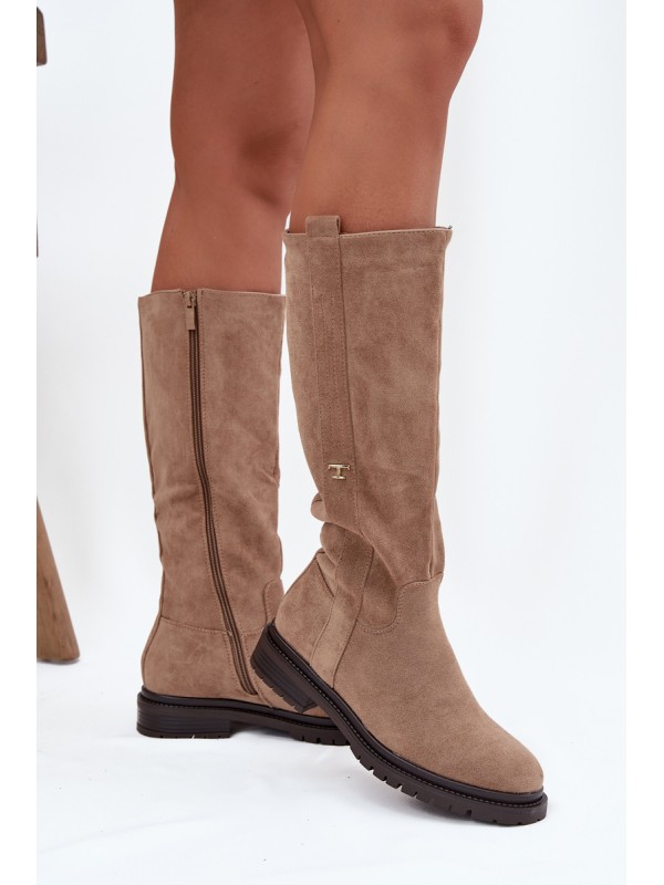 Women's insulated flat-heeled eco suede boots Dark beige Delyssa