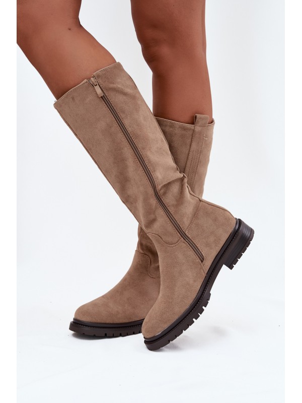 Women's insulated flat-heeled eco suede boots Dark beige Delyssa