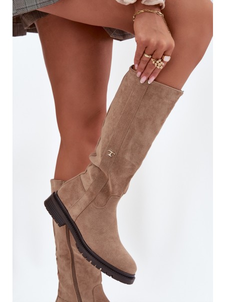 Women's insulated flat-heeled eco suede boots Dark beige Delyssa