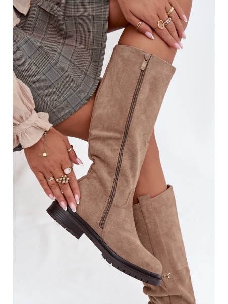 Women's insulated flat-heeled eco suede boots Dark beige Delyssa