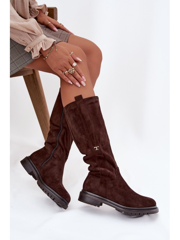 Women's Fur-lined Boots Flat Heel Eco Suede Chocolate Delyssa
