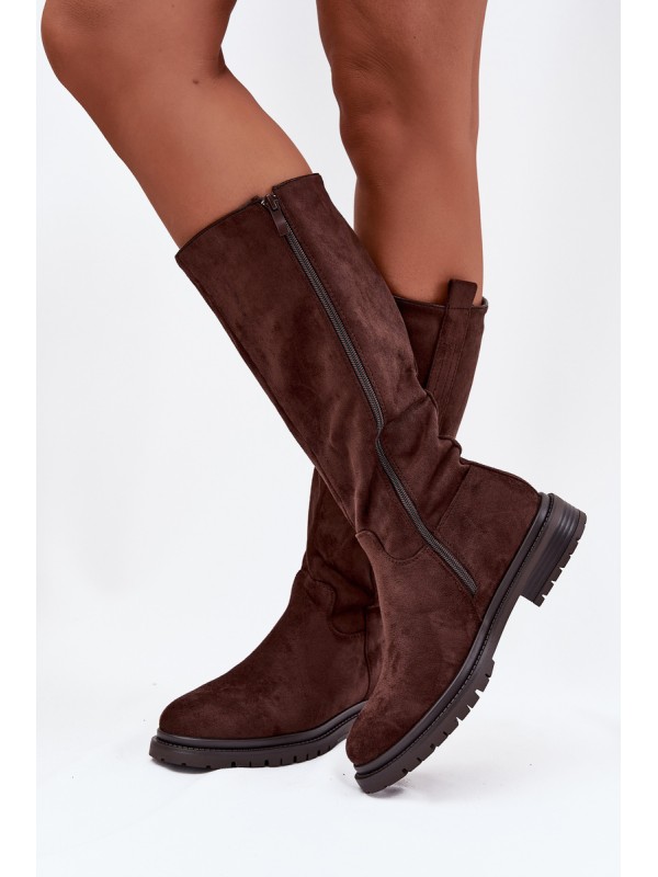 Women's Fur-lined Boots Flat Heel Eco Suede Chocolate Delyssa