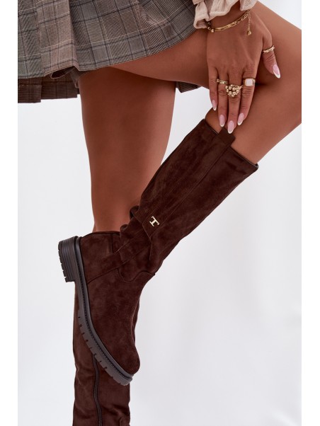 Women's Fur-lined Boots Flat Heel Eco Suede Chocolate Delyssa