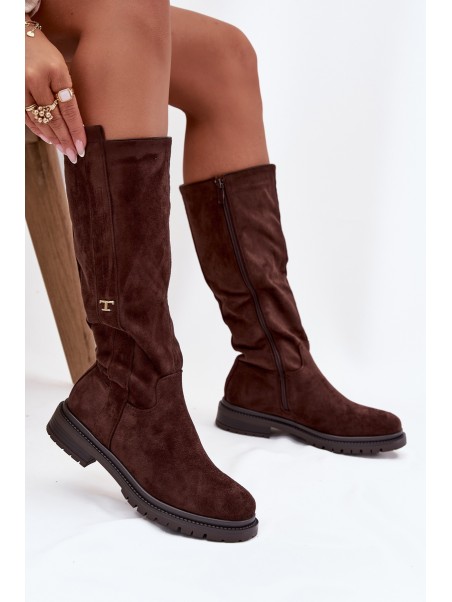 Women's Fur-lined Boots Flat Heel Eco Suede Chocolate Delyssa
