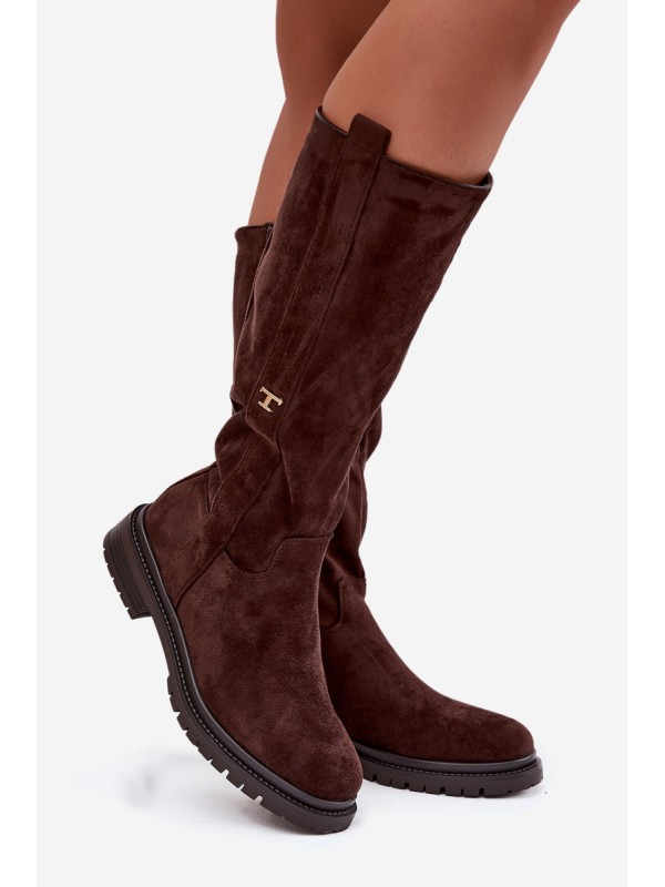 Women's Fur-lined Boots Flat Heel Eco Suede Chocolate Delyssa