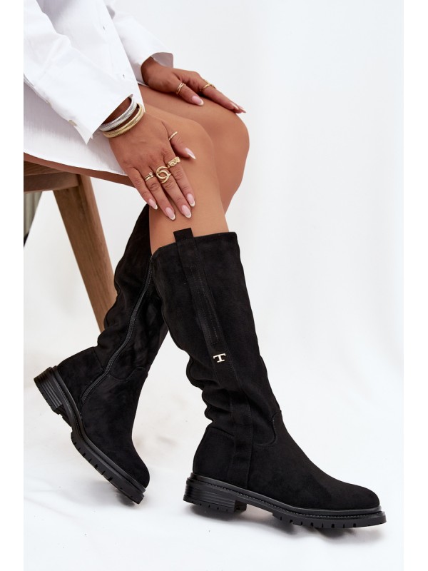 Women's Insulated Flat Heel Boots Eco Suede Black Delyssa