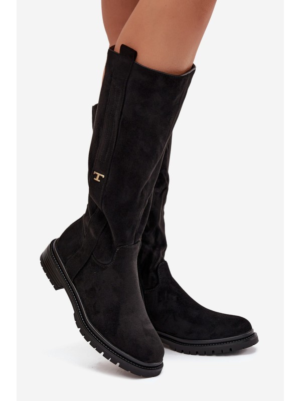 Women's Insulated Flat Heel Boots Eco Suede Black Delyssa
