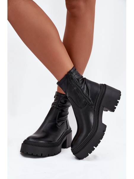 Women's Ankle Boots with Chunky Heel and Platform Eco Leather Black Elvianne