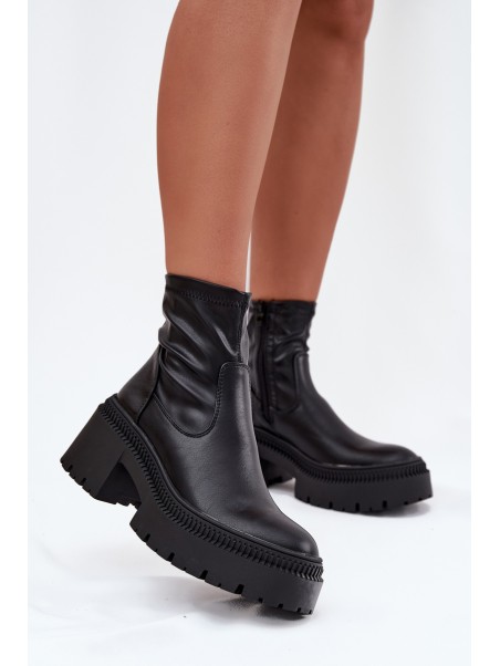 Women's Ankle Boots with Chunky Heel and Platform Eco Leather Black Elvianne